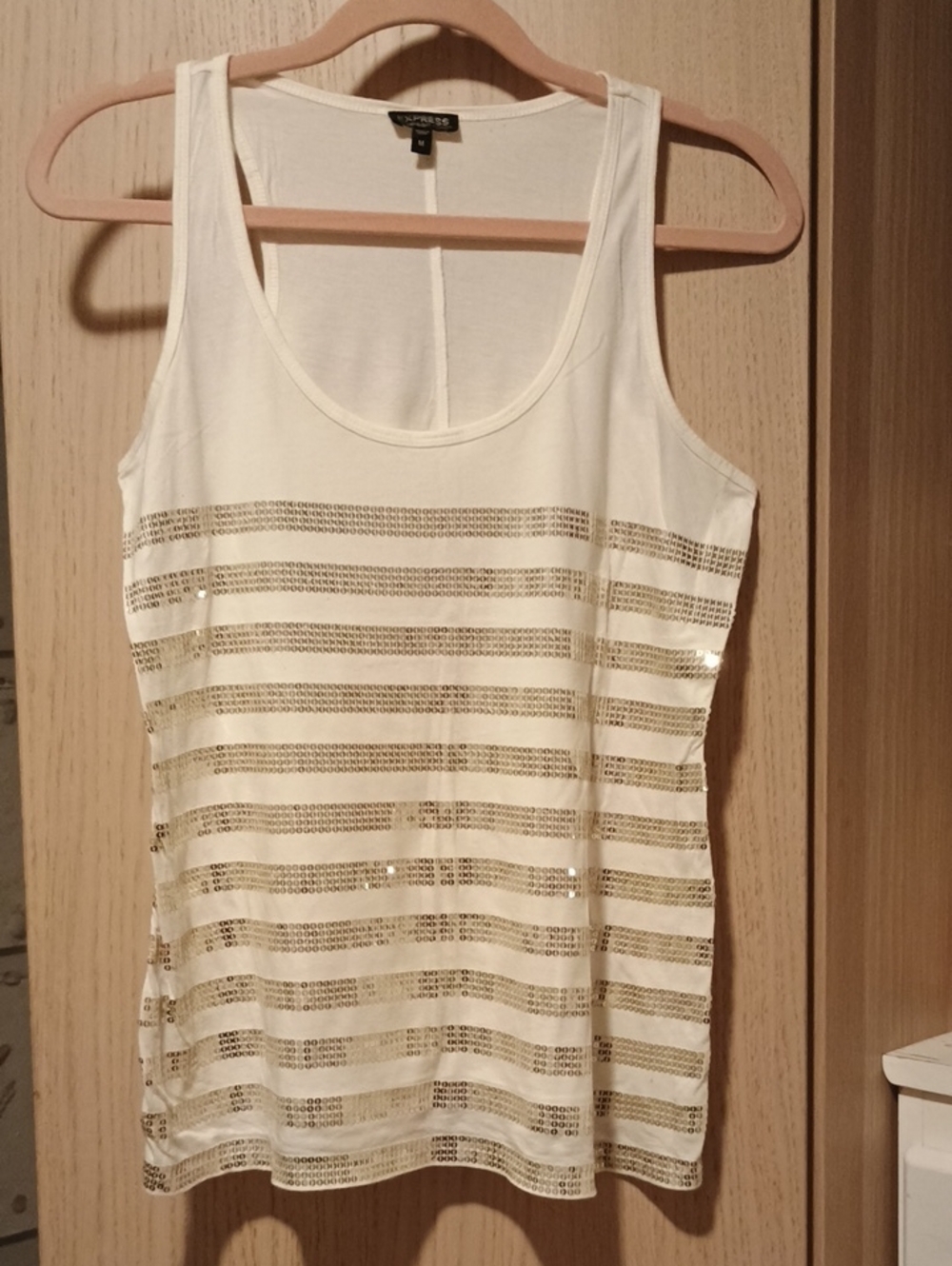 Express White Tank with Gold Sequin Stripes